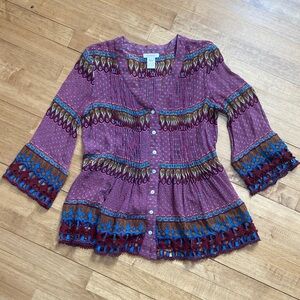 Sundance Lavender-Purple Embroidered Button-Front Peasant Blouse